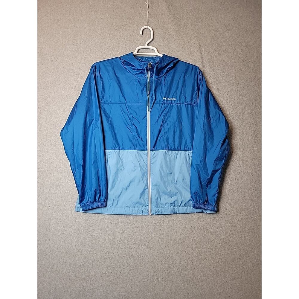 Columbia Two Tone Blue LS Hooded Windbreaker Jacket Men's Lrg Packable Pockets